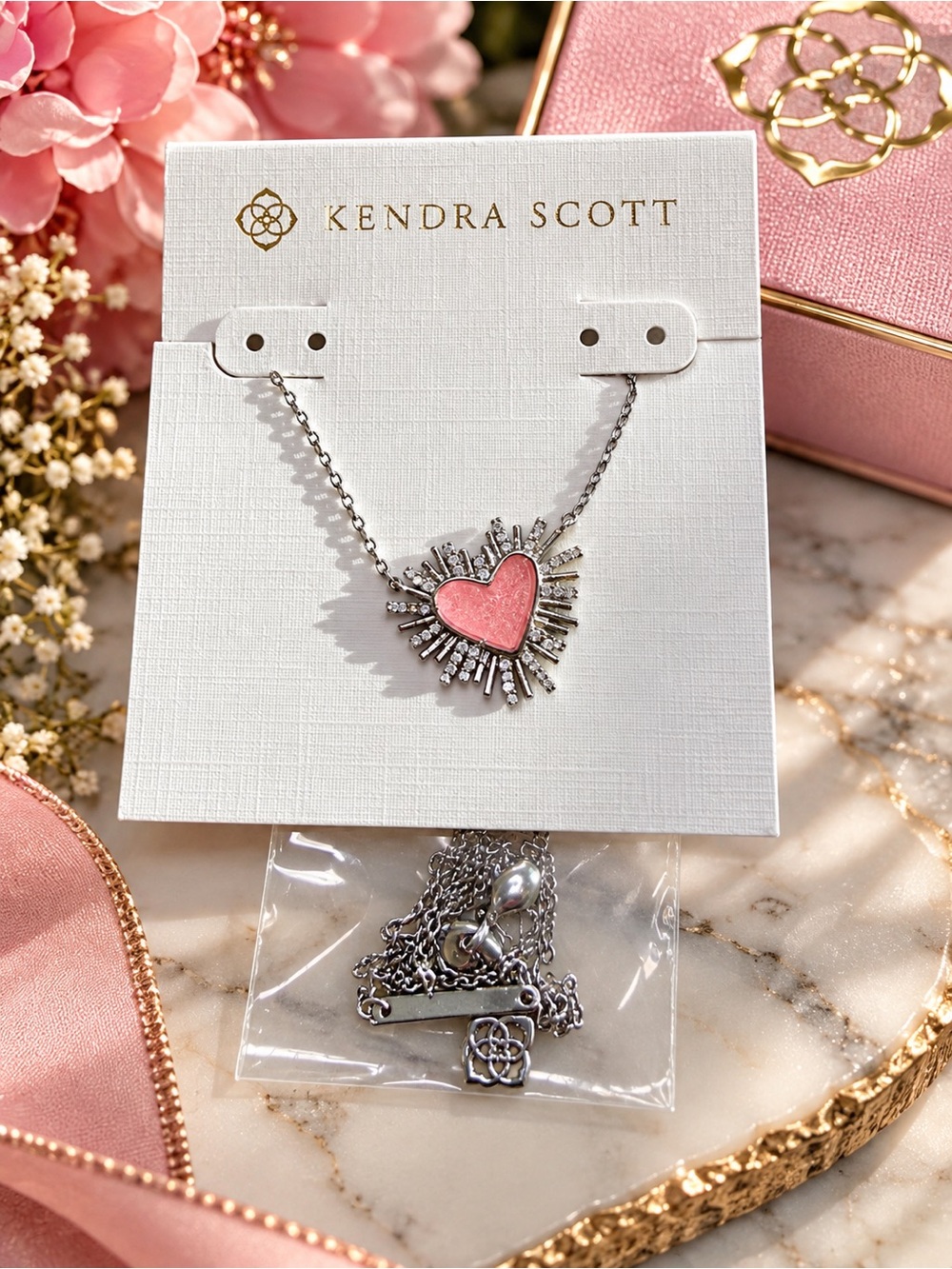 Dolly Parton x Kendra Scott Ari Heart Silver Light Pink Drusy Necklace